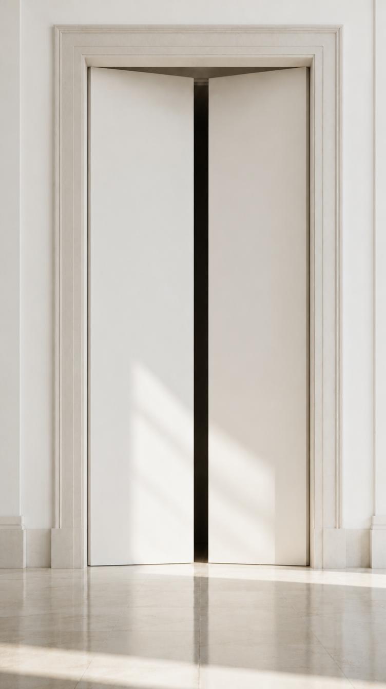 A pair of pale doors standing slightly open in a sunlit marble wall.