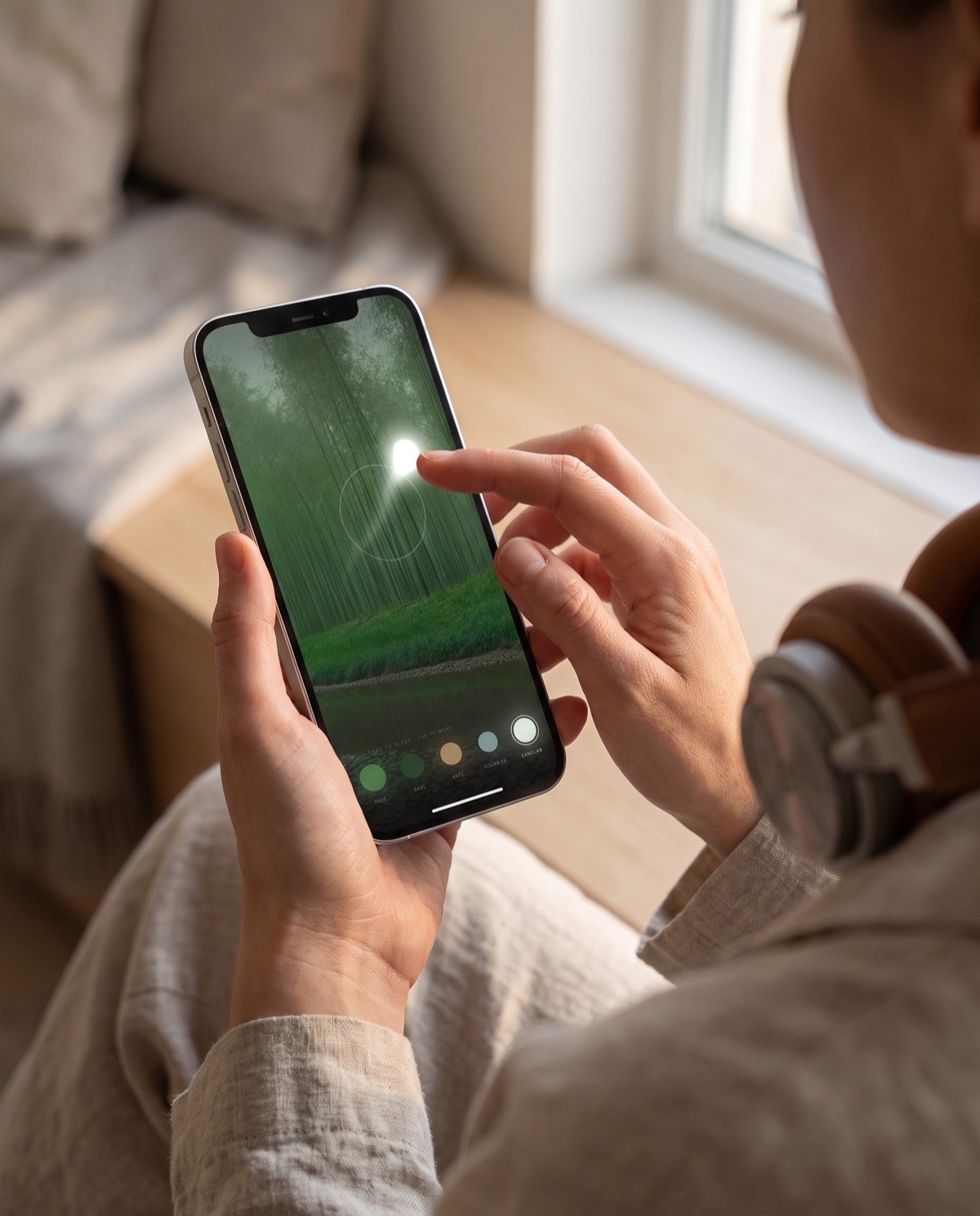 A person by a window, headphones around their neck, touching a glowing point of light in The Bamboo Grove on an iPhone.