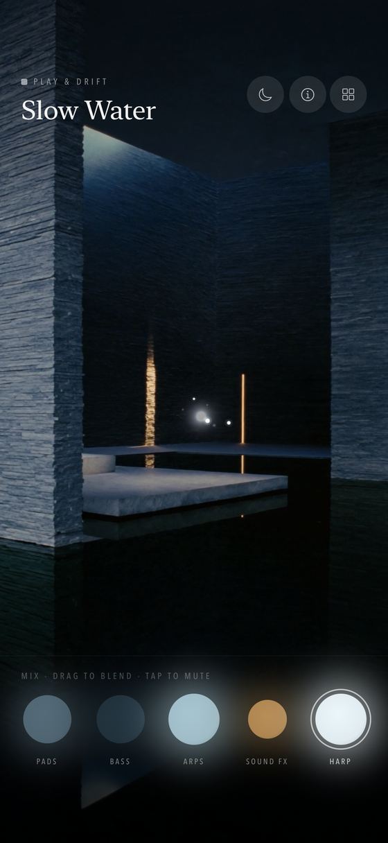 The Baths player, a dark stone bathhouse with the mixer visible.